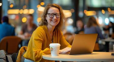Young businesswoman with glasses sitting at a table in a coffee shop, writing notes and smiling while using a laptop computer during a work break photo
