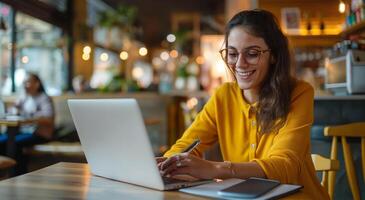 Young businesswoman with glasses sitting at a table in a coffee shop, writing notes and smiling while using a laptop computer during a work break photo