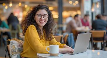 Young businesswoman with glasses sitting at a table in a coffee shop, writing notes and smiling while using a laptop computer during a work break photo