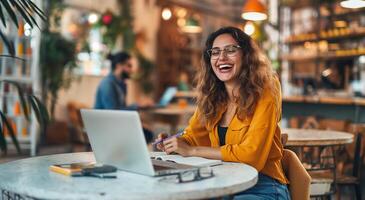 Young businesswoman with glasses sitting at a table in a coffee shop, writing notes and smiling while using a laptop computer during a work break photo