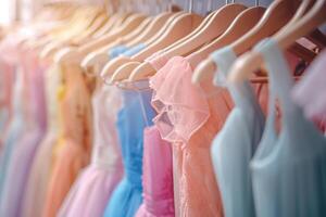 A rack of beautiful prom dresses in various colors and styles hanging on hangers at the back wall of an evening wear store with bright lights and blurred background photo