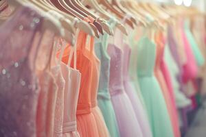 A rack of beautiful prom dresses in various colors and styles hanging on hangers at the back wall of an evening wear store with bright lights and blurred background photo