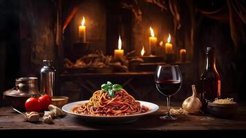 spaghetti bolognese with cheese and red wine on the table photo