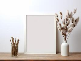 Minimalist empty picture frame on a wooden table accompanied by dried pampas grass in a white vase. photo