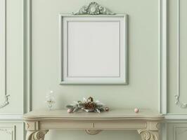 Elegant minimalist interior with an empty picture frame, a decorative console table, and festive holiday accents. photo
