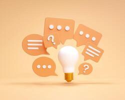Minimalist speech bubbles talk icons floating over light bulb on yellow background. Concepts of communication, new ideas, brainstorming, and modern problem solving. photo