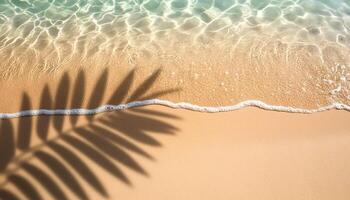 empty abstract sand beach with palm leaf shadow and transparent water wave from above, blank background banner for travel, vacation and wellbeing with copy space. top of views, aerial views photo