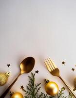 spoon and fork kept on white background. ready to eat concept. flat lay background concept photo