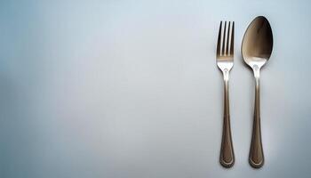 spoon and fork kept on white background. ready to eat concept. flat lay background concept photo