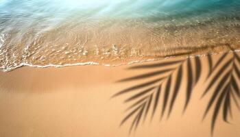 empty abstract sand beach with palm leaf shadow and transparent water wave from above, blank background banner for travel, vacation and wellbeing with copy space. top of views, aerial views photo