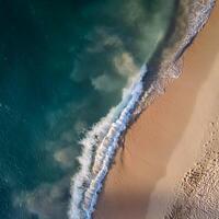 empty abstract sand beach with palm leaf shadow and transparent water wave from above, blank background banner for travel, vacation and wellbeing with copy space. top of views, aerial views. photo