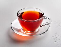 Glass cup of hot aromatic tea with leaves on clear white background photo