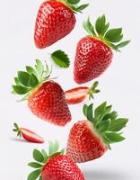 Flying juicy ripe strawberries with leaves isolated on a white background photo