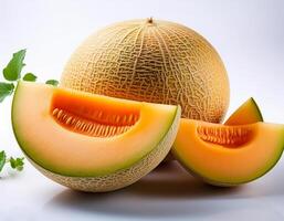 A close-up photo of a ripe melon with slices isolated on a white background.