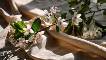 Beige linen fabric texture with folds and a natural floral sunlight shadows, realistic texture. photo