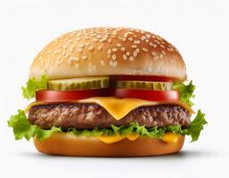 Juicy Single Hamburger isolated on white background photo