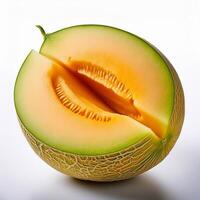 A close-up photo of a ripe melon with slices isolated on a white background.