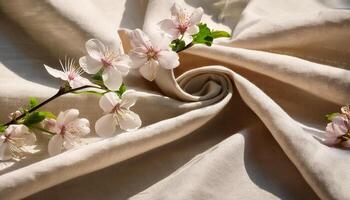 Beige linen fabric texture with folds and a natural floral sunlight shadows, realistic texture. photo