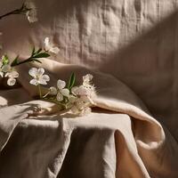 Beige linen fabric texture with folds and a natural floral sunlight shadows, realistic texture. photo