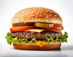 Juicy Single Hamburger isolated on white background photo