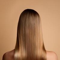 Young woman applying hair mask on beige background, back view photo