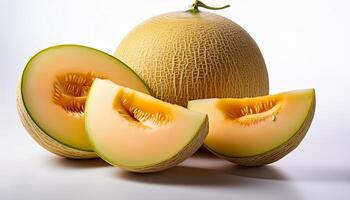 A close-up photo of a ripe melon with slices isolated on a white background.