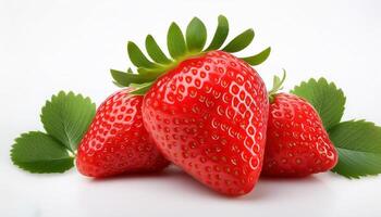 Juicy ripe strawberries with leaves isolated on a white background. photo