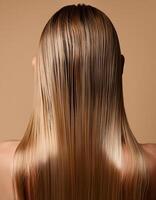 Young woman applying hair mask on beige background, back view photo