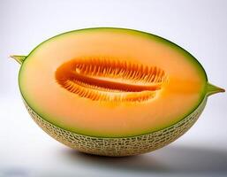 A close-up photo of a ripe melon with slices isolated on a white background.