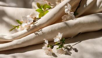Beige linen fabric texture with folds and a natural floral sunlight shadows, realistic texture. photo