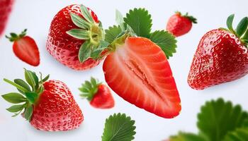 Flying juicy ripe strawberries with leaves isolated on a white background photo