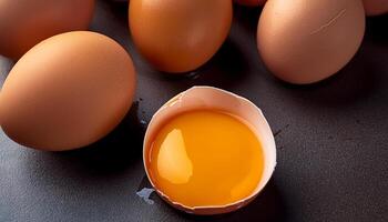 photo pallet with eggs and raw broken egg with yolk. Pattern texture background