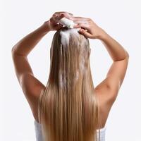 Young woman applying hair shampoo on white background, back view. photo
