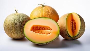 A close-up photo of a ripe melon with slices isolated on a white background.