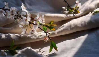 Beige linen fabric texture with folds and a natural floral sunlight shadows, realistic texture. photo