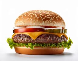 Juicy Single Hamburger isolated on white background photo
