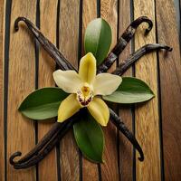 photo of Vanilla flower and pods with leaves from above. pattern texture background.