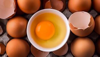 photo pallet with eggs and raw broken egg with yolk. Pattern texture background