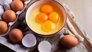 photo pallet with eggs and raw broken egg with yolk. Pattern texture background