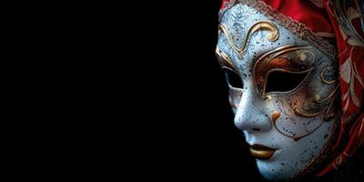 top view beautiful carnival mask, venetian mask in the corner side isolated black background copy space photo