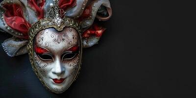 top view beautiful carnival mask, venetian mask in the corner side isolated black background copy space photo