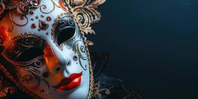 top view beautiful carnival mask, venetian mask in the corner side isolated black background copy space photo