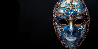 top view beautiful carnival mask, venetian mask in the corner side isolated black background copy space photo