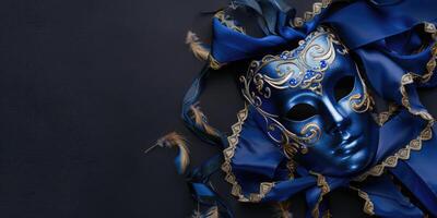 top view beautiful carnival mask, venetian mask in the corner side isolated black background copy space photo