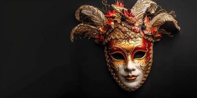 top view beautiful carnival mask, venetian mask in the corner side isolated black background copy space photo