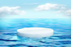 white round podium floating on blue water surface photo