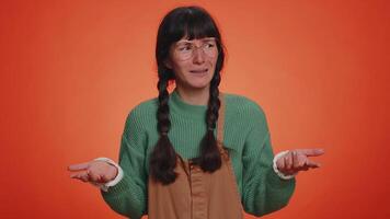 Woman raising hands in indignant expression ask why what reason of failure demonstrating disbelief video