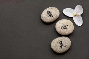 Top view of Chinese character representing body, mind and spirit text engraved on zen stones photo
