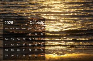 October calendar with beautiful beach wave background. Calendar and view concept photo