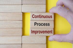 Hand pulling wooden blocks with continuous process improvement text. Business culture and Operational excellence concept photo